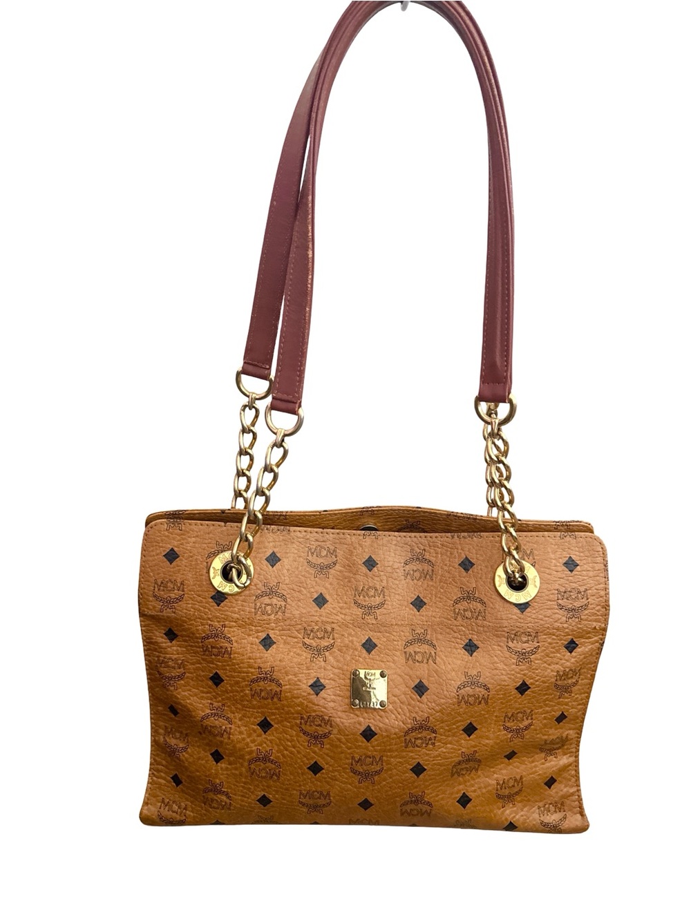 MCM Visetos Cognac Shoulder Bag Gold Chain Strap Medium Tote - Picture 3 of 17